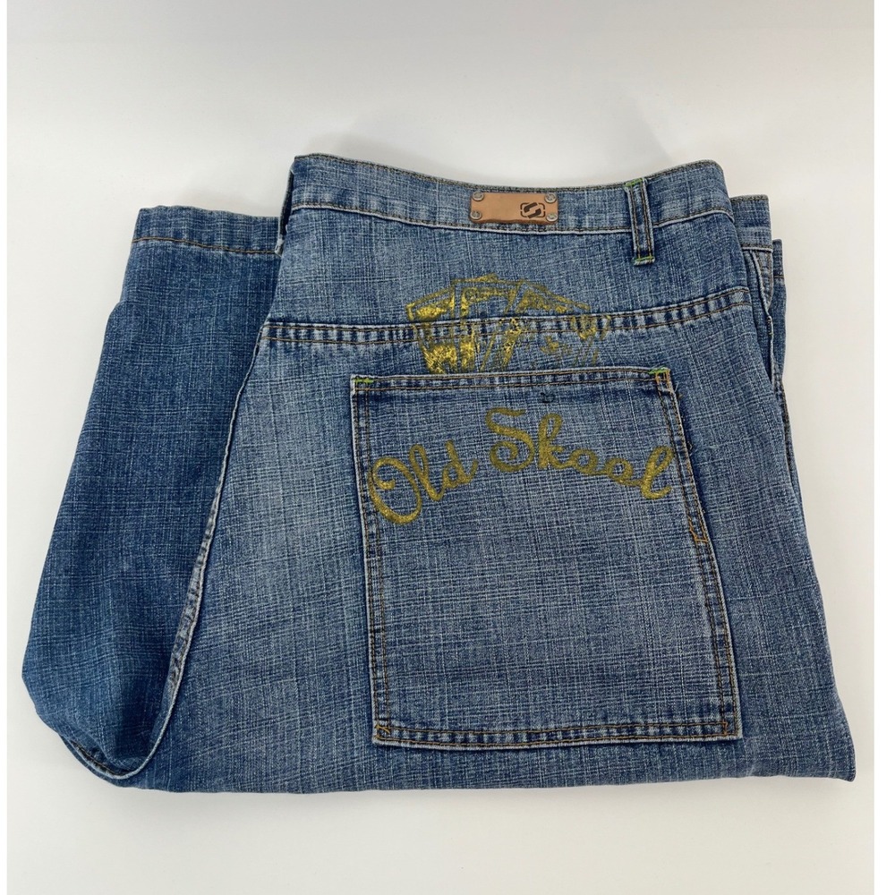 Old Skool Denim Shorts Mens 44 Blue Embroidered Baggy Y2K Skater Jean Shorts